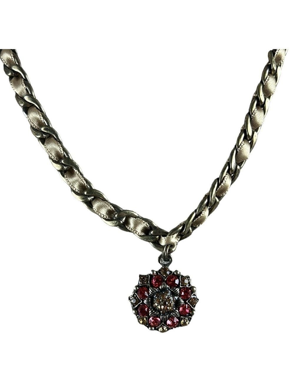 Vintage Cookie Lee Red Gemstone Medallion Braided Ribbon Necklace